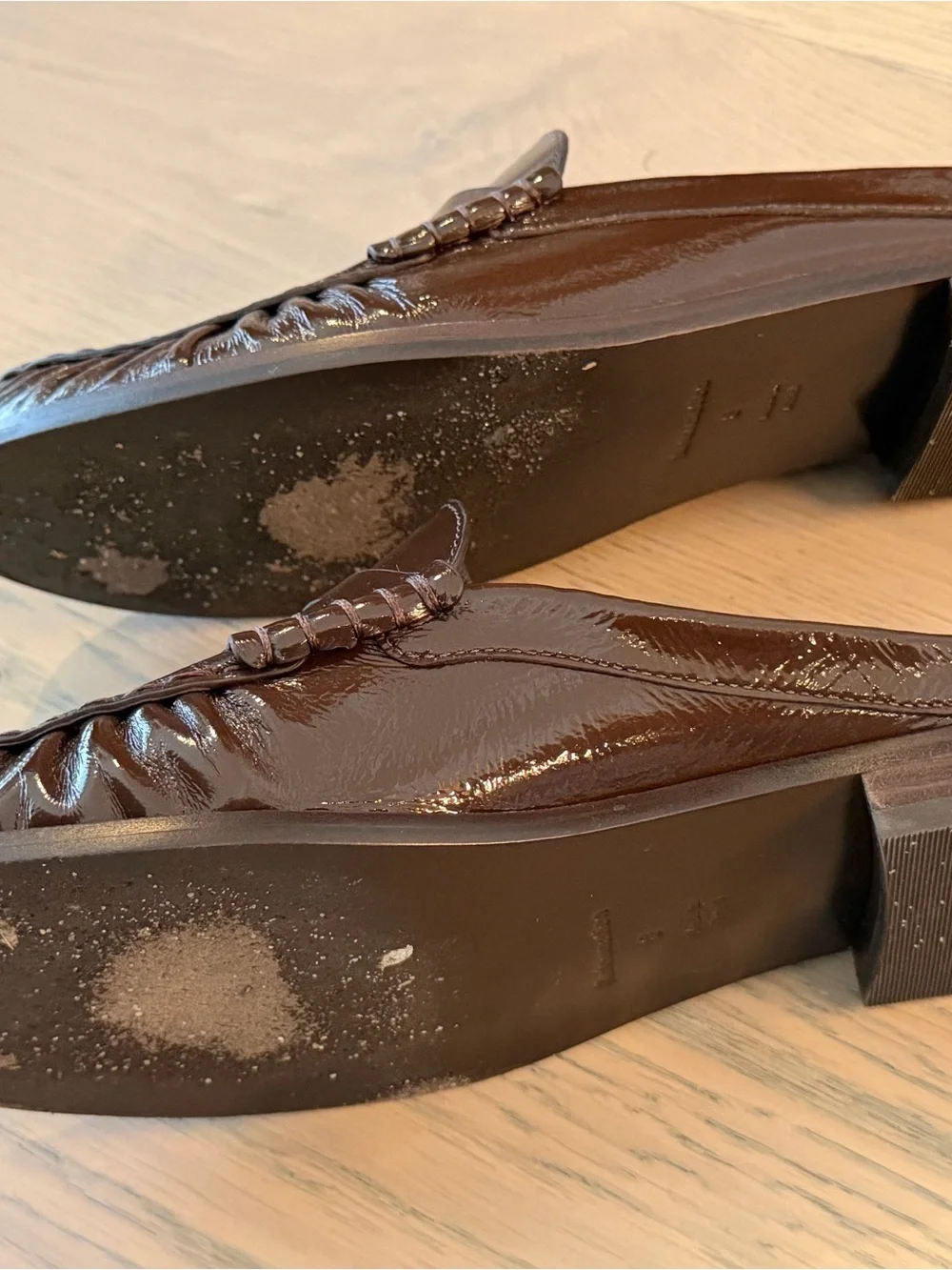 Reformation Dark Brown Patent Leather Penny Loafer Mules